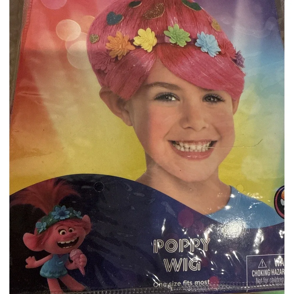 Trolls World Tour Poppy Wig Child One Size Rainbow Pink Flowers Glitter Hearts